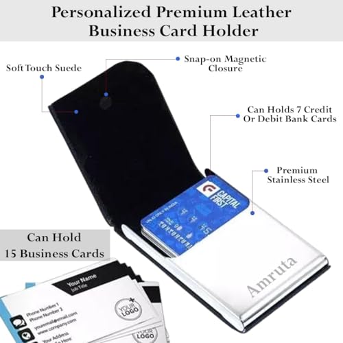 Image of Personalized Card Holder, PU Leather Steel Professional Business Card /Debit Credit Card Holders Men, Women Day Gift, Corporate Gift for Employees (1.5 x 9.5 x 6.5 cm) (Black 1)