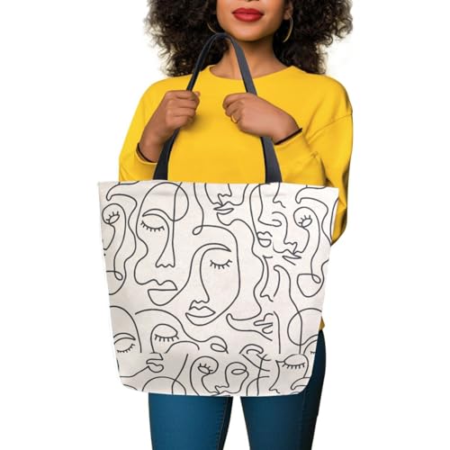 Abstract Faces Minimalist Beige Canvas Tote Bag for Women with Zipper Pocket Reusable Grocery Shopping Bags Large Travel Shoulder Bag Handbag Bags2