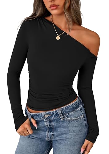 PRETTYGARDEN Womens Off Shoulder Long Sleeve Shirts 2025 Fall Ruched Fitted Asymmetrical Going Out Tops Trendy Y2K Clothes
