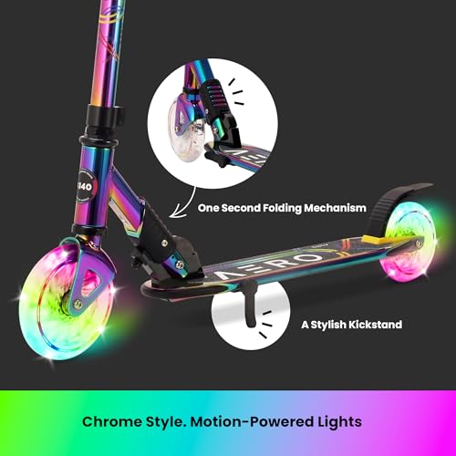 Aero Scooter for Kids 6-12 | Metallic Chrome Finish & LED Lights | Boys Girls 2 Wheels Kick Scooter | Foldable & Height Adjustable, 154lbs Max