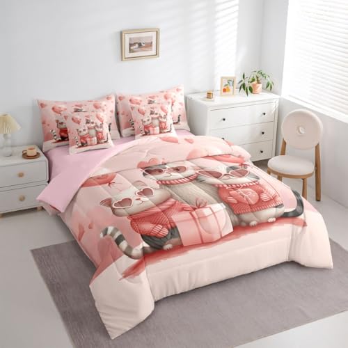 Image of Lovely Cats Comforter Set Full 7 Pcs Cute Cartoon Kitty Pink Heart Balloon Bedding Sets Valentine's Day Romantic Love All Season Comforter Flat Sheet Fitted Sheet 2 Pillowcases 2 Throw Pillow Covers