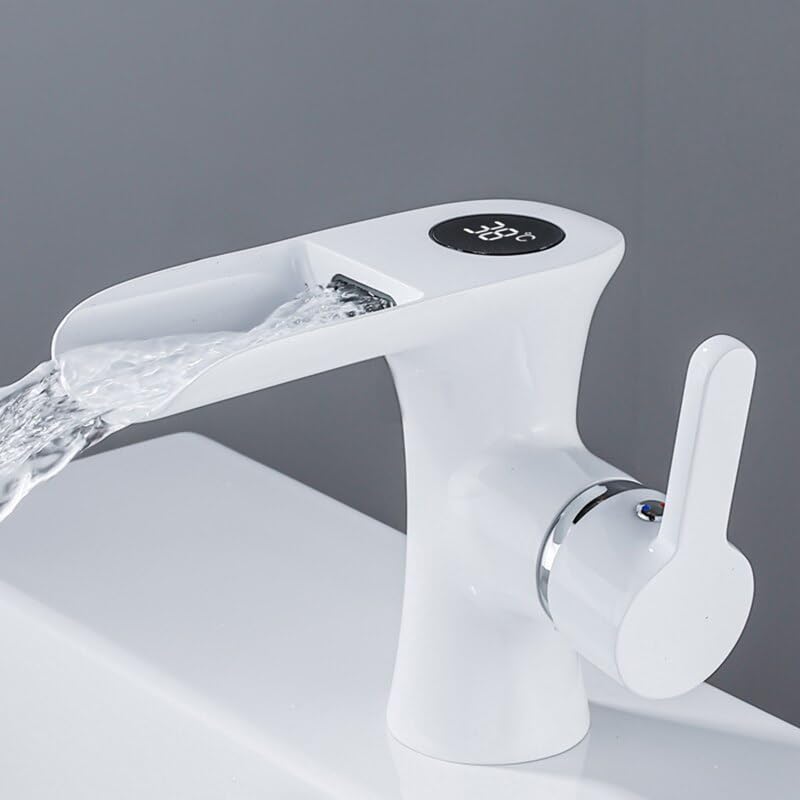Mitigeur de lavabo en laiton blanc avec capteur thermique et pose sur plage