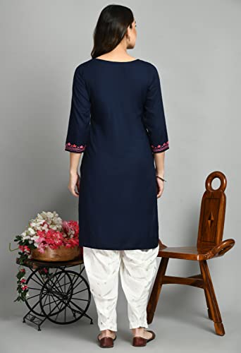 Image of QAZMI Women's Floral Aari Embroidered Viscose Rayon 3 /4 Sleeves Straight Kurta