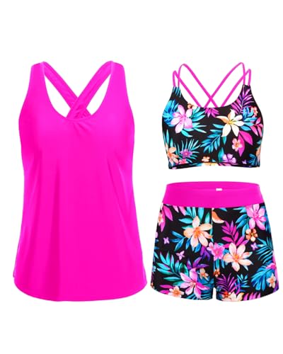 Image of Holipick 3 Piece Tankini Swimsuits for Women Tummy Control Bathing Suits Swim Tank Top with Bra Boy Shorts Teen Swimwear 2026