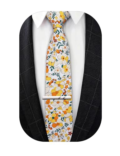 Image of Barry.Wang 100% Cotton Floral Ties for Men 63 inch Extra Long Necktie Clip | Fashion Cotton Printed Neckties,Wildflower 2.76 inch Ties Skinny,Gift Box,Groomsmen Wedding Engagement Graduation