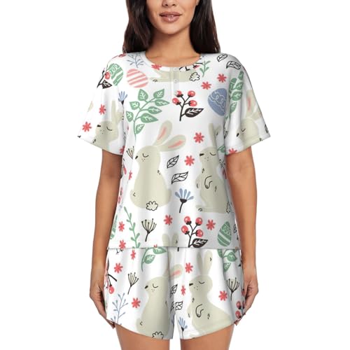 Ensemble pyjama femme manches courtes vêtement de nuit motifs fleurs et oiseaux