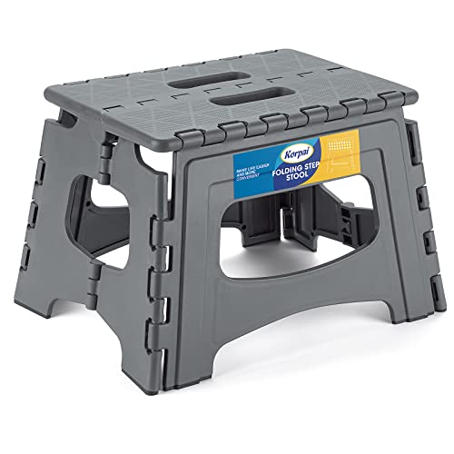 Korpai Upgrade 9" Folding Step Stool for Adults and Kids Holds Up to 300 lbs,Non-Slip Folding Stools with Portable Handle, Compact Plastic Foldable Step Stool for Bathroom, Kitchen,Grey,1 PC