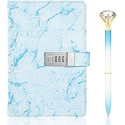 Candados Tamaños Cuaderno de contraseña de cuero sintético tamaño A5 diario con bolígrafo, diario de mármol con bloqueo, diario de viaje de cuero bloqueable, con soporte para bolígrafos, escritura, 8.46x5.71 pulgadas