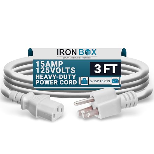 Image of IronBox Electric - Heavy-Duty 5-15P to C13 Power Cord - 3 Prong 15A 125V 14 /3 SJT PC Cable - Cord for Computer, Monitor, Subwoofer, Amplifier - Cable for Power Supply - (White 3 Foot)