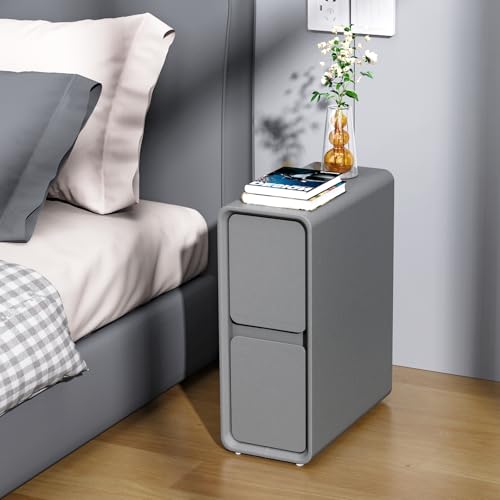VICITON Moderna mesita de noche estrecha de piel sintética, cajón de madera maciza, mesa auxiliar pequeña para dormitorio, color gris, estrecha