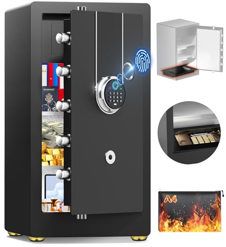 8.5 Cuft Heavy Duty Biometric Fireproof Safe Box, Home Safes Water Fireproof, Large Document Safe With Bottom Hidden Box, Keypad, Anti-Theft Dual Alert, Mute Mode, Digital Security Safes For Business