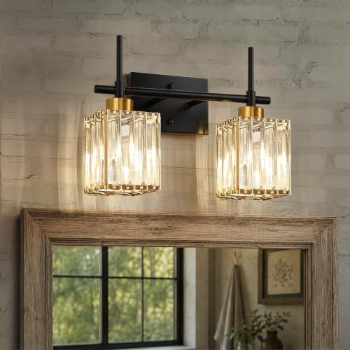 Image of Torondo Modern Crystal Bathroom Vanity Light 2-Lights Gold Bathroom Light Fixtures Over Mirror Black and Gold Vanity Lighting Fixtures Gold Square Shade Brass Wall Sconce (Bulbs Not Include)