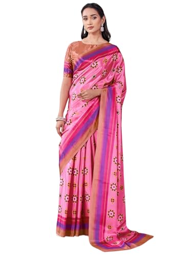 Image of Satrani Women's Chinnon Printed Saree with Unstitched Blouse Piece