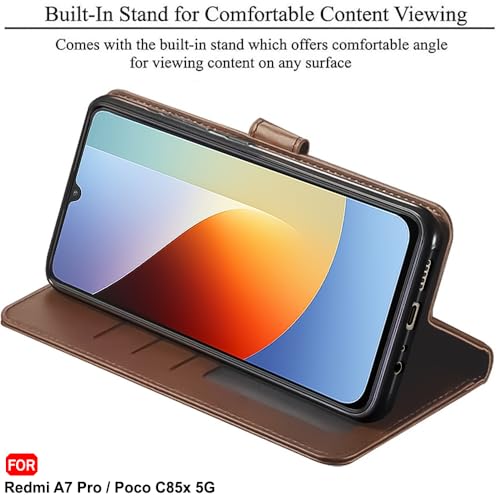 Image of TheGiftKart Genuine Leather Finish Flip Back Cover Case for Mi Redmi A7 Pro /Poco C85x 5G / C81 | Inbuilt Pockets & Stand | Designer Button Magnet Flip Back Cover Case (Faux Leather, Brown)