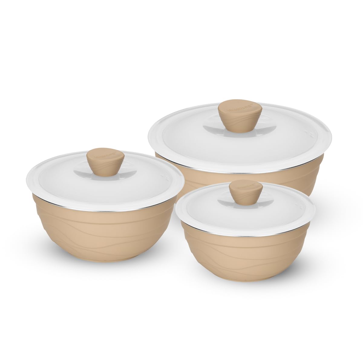 Trueware Rio Bowl | Cream | Set of 3 | 1000 ML, 1400 ML & 2200 ML | Microwave Safe | BPA Free | Food Grade | Air Tight | Leak Proof | Attractive Design | Big Size Bowl | Serving & Storage Bowl Flora Stainless Steel Serving Bowls, Microwave Oven Bowl, Kitchen Accessories Items,Kitchen Storage Diwali Gift Items, Flora Stainless Steel Microwave safe. Bowl Set of 3 With Lid