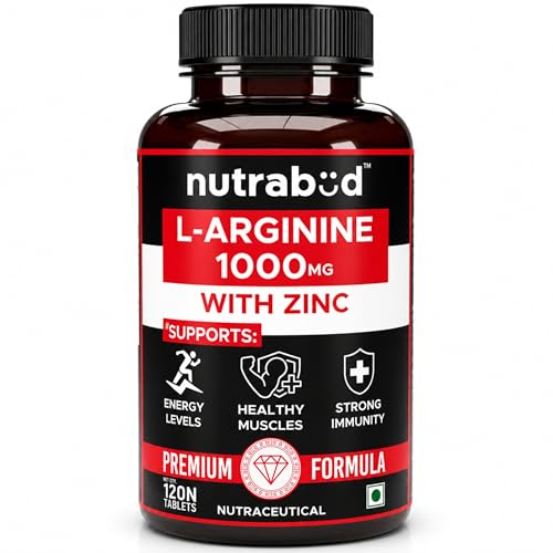 Image of Nutrabud L-Arginine 1000 mg - 120 Tablets - Fuels Muscle Growth, Boosts Nitric Oxide Production (120 Count (Pack of 1), Unflavoured)