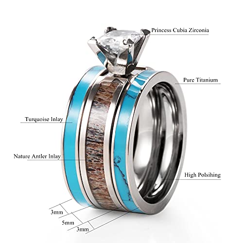 Women’s Titanium Ring Set (3pcs) 5mm Genuine Antler Inlaid Cubic Zirconia Engagement Ring and 3mm Turquoise Inlaid Bands2