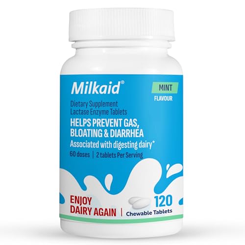 Milkaid Lactase Enzyme Chewable Tablets for Lactose Intolerance Relief | Prevents Gas Bloating & Diarrhea | Fast Acting Dairy Digestive Supplement (120 Tablets Mint)