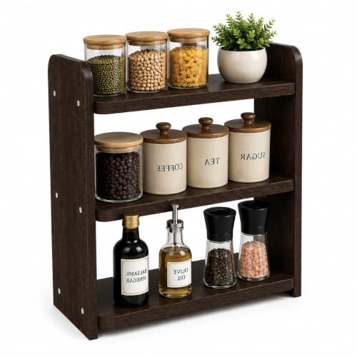 Image of 3-Tier Kitchen Organizer Rack for Countertop, Engineered Wood Spice Rack Shelf, Space Saving Storage Stand for Kitchen, Bathroom & Office, Easy Assembly, Dark Brown