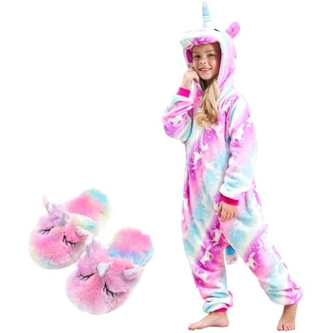 Soft Unicorn Onesie Pyjama with Unicorn Slippers for Girls (Pink/Purple Unicorn, 10-12 Years) Cover