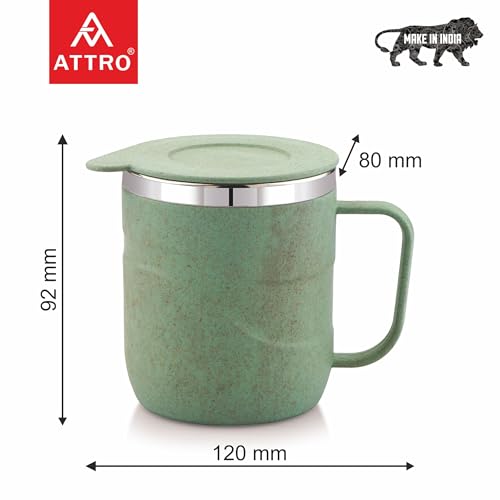 Image of ATTRO Brew Mug - Stainless Steel Inner with eco Friendly Outer Body Durable & Stylish, Microwave Safe Coffee /Tea Mug with Handle & Lid, Ideal for Home, Office, Travel & Gifting - 300ml - Pastel Green