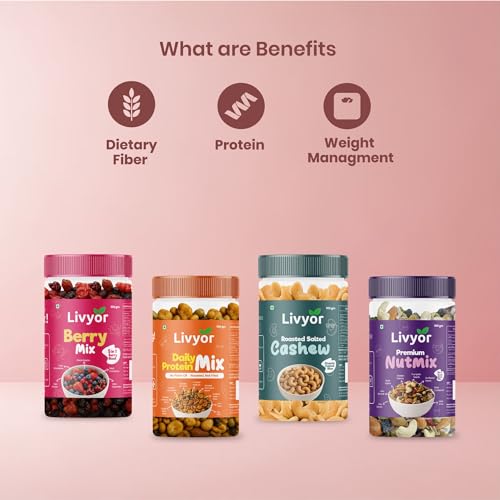 Image of Livyor Family Snacks Pack | Winter Essentials for eating | Combo of 4 Healthy Assortments | Roasted Cashews, Dry Fruits Mix, Berries, Daily Protein Snack | Nutrient-Rich Treats for Family | Dry Fruits Combo Pack offer and Nuts | Healthy and Tasty | Gourmet Snack | Not Fried | Best Gifting Option | Pack of 4