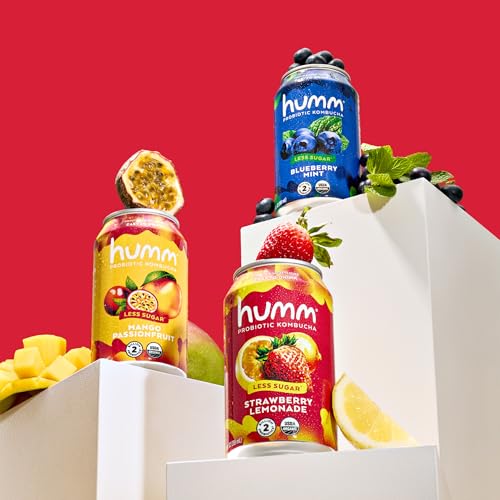 Humm Probiotic Kombucha The Original Variety 12 Pack, Organic, 2 Billion Probiotics for Gut Health, Mango Passionfruit, Blueberry Mint and Strawberry Lemonade