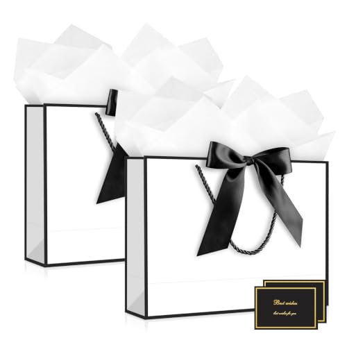 Image of JMANNI Gift Bags with Handles, 13 inch Medium Gift Bag for Presents, 2 Pcs Bags with 4 Tissue Paper and 2 Cards for Baby Shower Wedding Bridal Shower Mother's Day Birthday Party(white-Black)