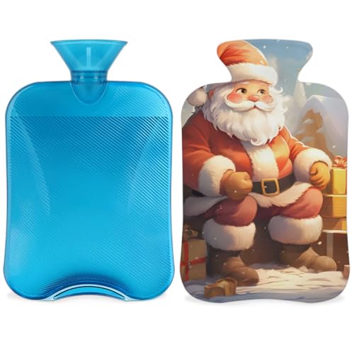 Hot Water Bottle with Soft Cover,2L Colorful Santa Claus Hot Water Bag for Hot and Cold Compress, Hand Feet Warmer, Magical Santa Claus Rubber Hot or Cold Water Bottle Halloween Christmas Decorations