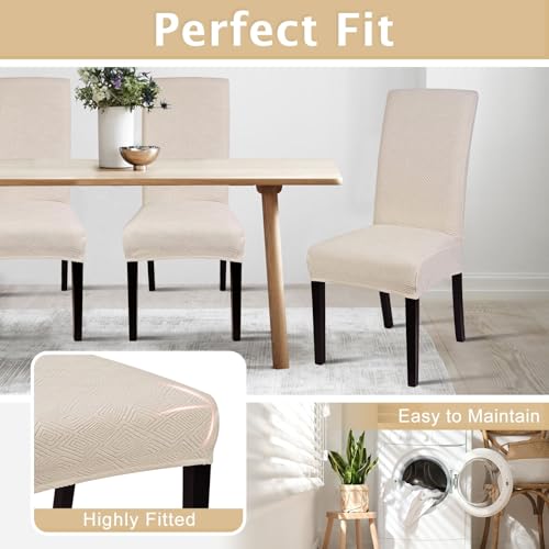 Image of SearchI Jacquard Dining Room Chair Covers Set of 4, Stretch Kitchen Chair Covers Washable Parsons Chair Slipcover Removable Dining Chair Protectors for Hotel,Ceremony(Beige)