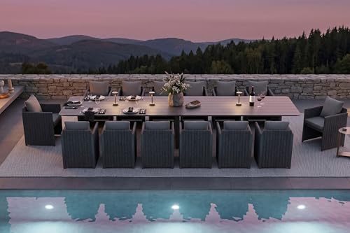 Image of PURPLE LEAF Outdoor Dining Set Extra-Long for 14 with Olefin Armchairs Grey