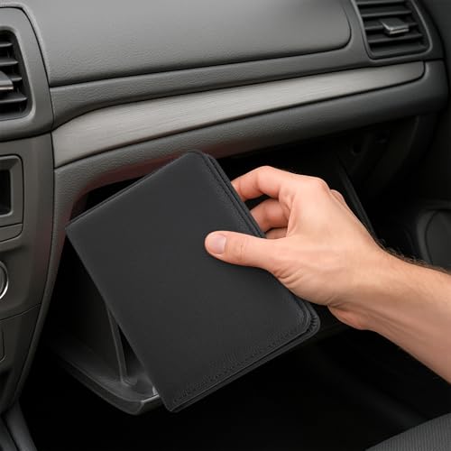 RSAquar Fahrzeugschein und Versicherungsmappe Hülle – Kompakte Auto-Dokumententasche aus PU-Leder für Handschuhfach – Halter für Zulassung, Versicherung & Führerschein (Schwarz)