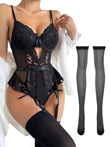 Lilosy Sexy Stocking Lace Mesh Bodysuit Top Underwire Garter Lingerie Set 3 Piece