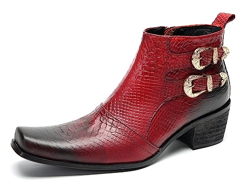 Santimon Men's Western Dress Casual Chelsea Boots - Genuine Leather Cowboy Boots with Buckle & Zipper for Wedding, Disco & Party