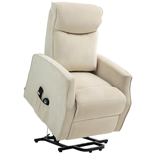 HOMCOM Poltrona Elettrica Alzapersona Reclinabile 135°, Poltrona Relax Elettrica in Poliestere con 2 Telecomandi, Poggiapiedi, 8 Punti Massaggio e Tasche Laterali, Crema