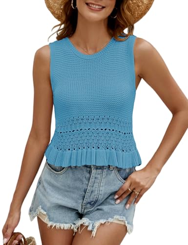 Image of VIMPUNEC Womens Crochet Crop Tank Tops Sleeveless Knit Sweater Vest Ruffle Hem Summer Top