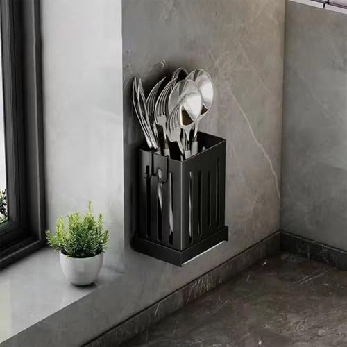 Image of Multifunctional Kitchen Utensil Rack Draining Chopstick Holder Wall-Mounted Freestanding Cutlery Storage Box (Black)