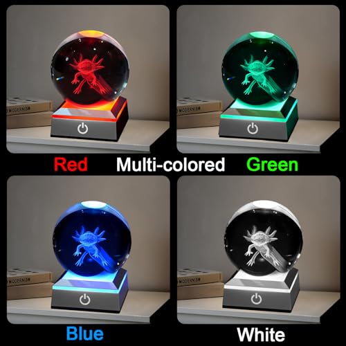 Image of 3D Axolotl Crystal Night Light with Multicolor LED Base Glass Laser Engraved Axolotl Figurines Gifts for Boys Girls Lovers Birthday Christmas Room Decor