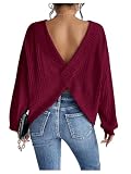 SweatyRocks Women's Criss Cross Round Neck Pullover Sweaters Long Sleeve Loose Cut Out Back Knit Tee Tops Backless Shirts Red Violet Medium