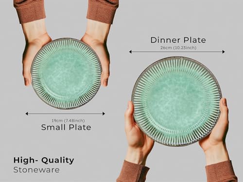 Image of Bodhi House Premium 20-Piece Stoneware Dinner Set Serving for 6 - Handcrafted Ceramic Plates, Bowls & Serving Bowls | Microwave & Dishwasher Safe | Elegant Modern Tableware Crockery Turquoise Green