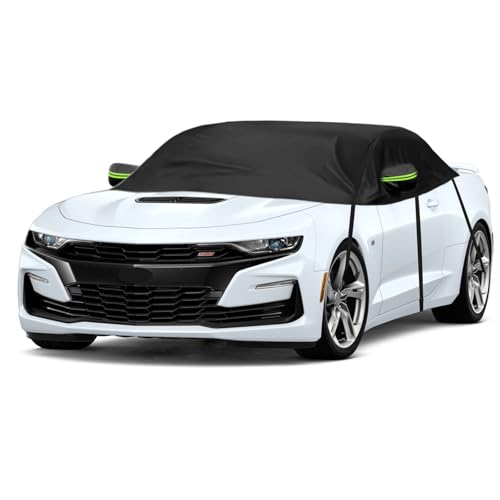 Image of Half Car Cover Compatible with Chevrolet Camaro 2010 2023, Winter Windshield Cover with Side Mirror Cover, Top Roof Protector for Snow Ice Hail Rain Sun Protection