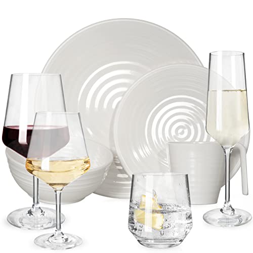 Vaisselle de camping en mélamine 4 personnes Design crème 16 pièces + 16 verres Milano verres à vin Verres à champagne Flûtes Vaisselle de table Pique-nique BBQ Ustensiles de cuisine
