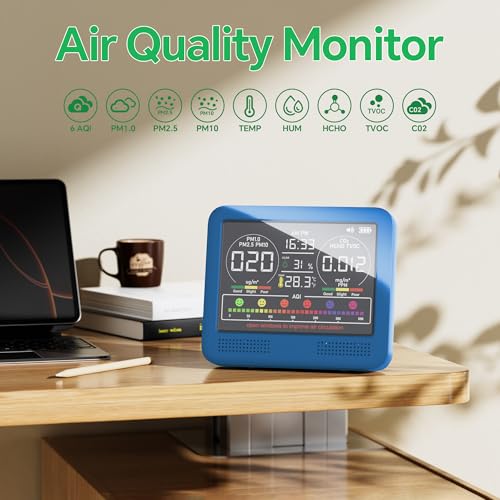 Image of 16-in-1 Indoor Air Quality Monitor with PM1.0,PM2.5,PM10,CO2,HCHO,TVOC,Temperature,Humidity,Time Display &7 AQI Alarms - Professional Air Quality Tester for Home, Office & Indoor Use (Lake Blue)