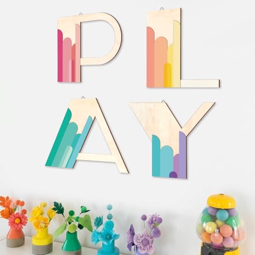 Novabright 4 Pcs Boho Play Sign Wooden Letters Playroom Sign 10 x 12 Inch Bohemian Colors Playroom Wall Hanging Decor for Nursery Room Home Wall Decor