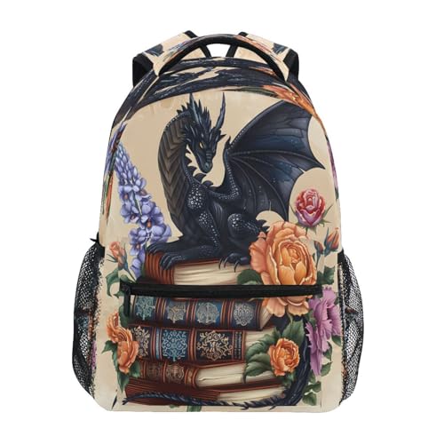 Black Dragon Book Flower Backpack for School Boys Girls Adults Kids Bookbag Laptop Bag 15L