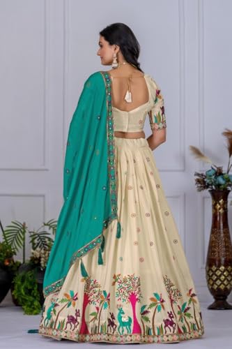 Image of Women Heavy Chinon Silk Stitched Lehenga Choli Set With Multicolor Embroidery And Dupatta Set
