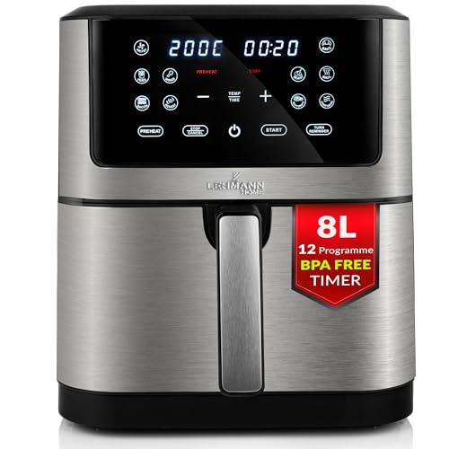 Lehmann LHODF-1880 Friteuse à air chaud 8L XXL, 1800 W avec 10 programmes, Friteuse sans huile jusqu'à 200°C, Air Fryer avec minuterie, écran tactile et fonction de déshydratation