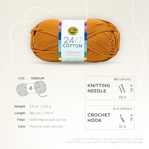 Lion Brand Yarn 24/7 Cotton, Mercerized Lightweight Yarn for Knitting, Crochet, and Crafts, Amber, 1 Pack