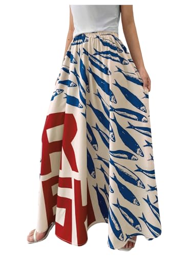 MakeMeChic Women's Boho Maxi Skirt Elastic Waist A Line Letter Graphic Vintage Skirts