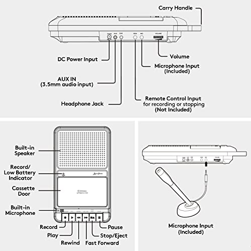 Byronstatics Portable Cassette Player Recorder With Stand - Alone Microphone, Built-In Speaker, Retractable Handle, Auto Voice Level Control, Headphone Jack, Aux In, For Meeting Tape Recorder #TOP5